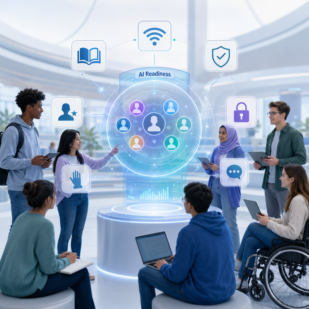 Illustration of an AI readiness map surrounded by diverse college students